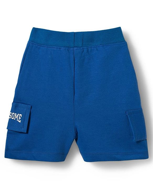 Babyhug Single Jersey Knit Half Sleeves Polo T-Shirt & Shorts Set with Text Print - Blue