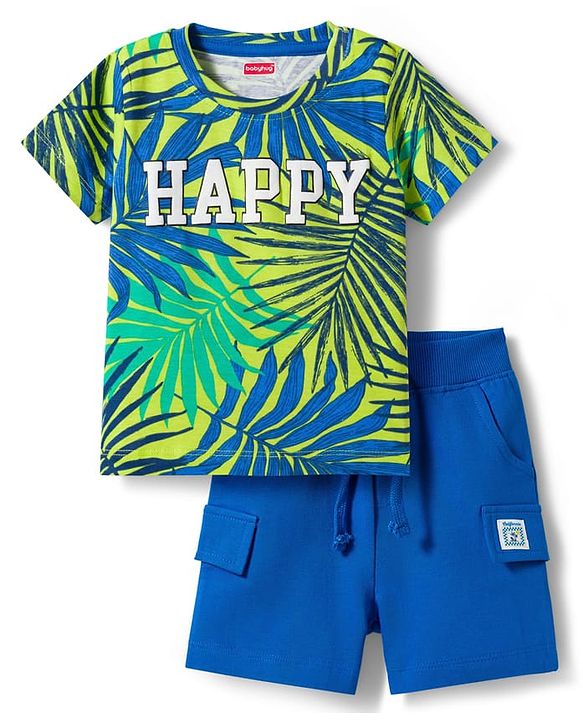 Babyhug Single Jersey Knit Half Sleeves T-Shirt & Shorts Set with Happy Print - Blue
