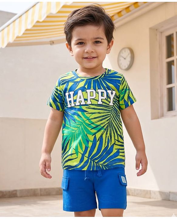 Babyhug Single Jersey Knit Half Sleeves T-Shirt & Shorts Set with Happy Print - Blue