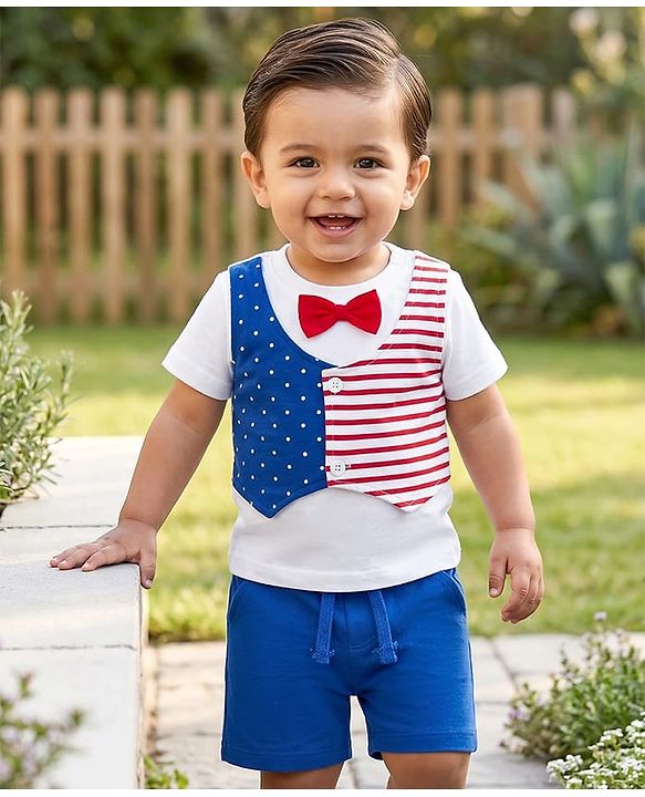 Babyhug 100% Cotton Knit Half Sleeves Polka Dots & Striped Printed T-Shirt With Attached Waiscoat & Shorts Set With Bow Applique - Multicolour