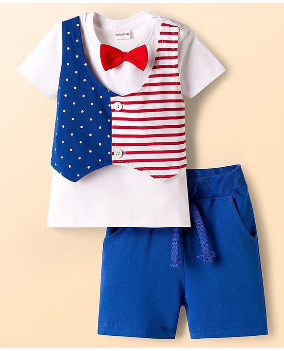 Babyhug 100% Cotton Knit Half Sleeves Polka Dots & Striped Printed T-Shirt With Attached Waiscoat & Shorts Set With Bow Applique - Multicolour