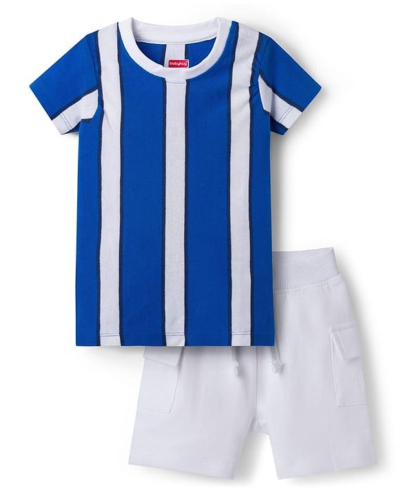 Babyhug 100% Cotton Knit Half Sleeves Striped T-Shirt & Shorts Set - Blue & White