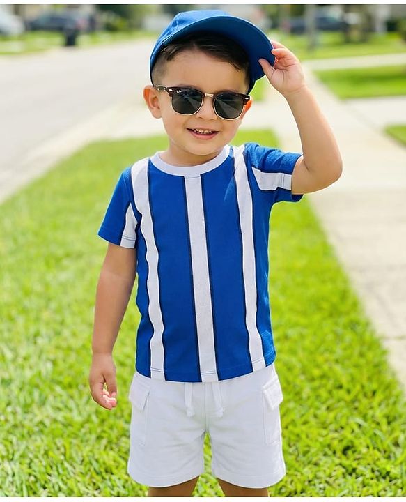 Babyhug 100% Cotton Knit Half Sleeves Striped T-Shirt & Shorts Set - Blue & White