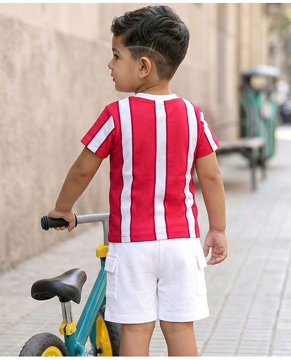 Babyhug Single Jersey Knit Half Sleeves Striped T-Shirt & Shorts Set - Red & White