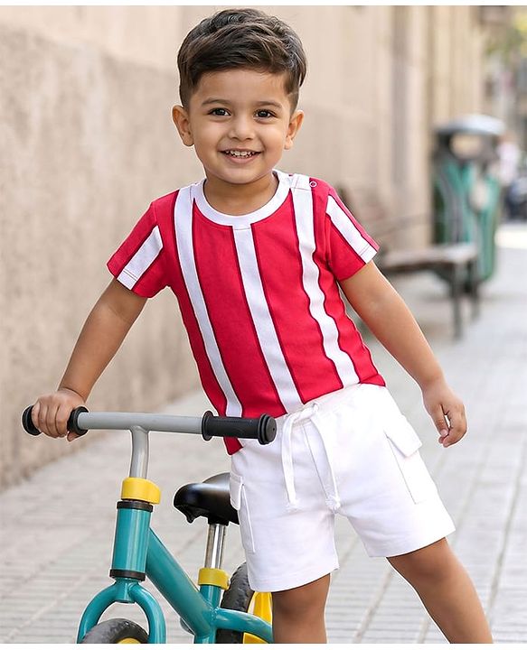 Babyhug Single Jersey Knit Half Sleeves Striped T-Shirt & Shorts Set - Red & White