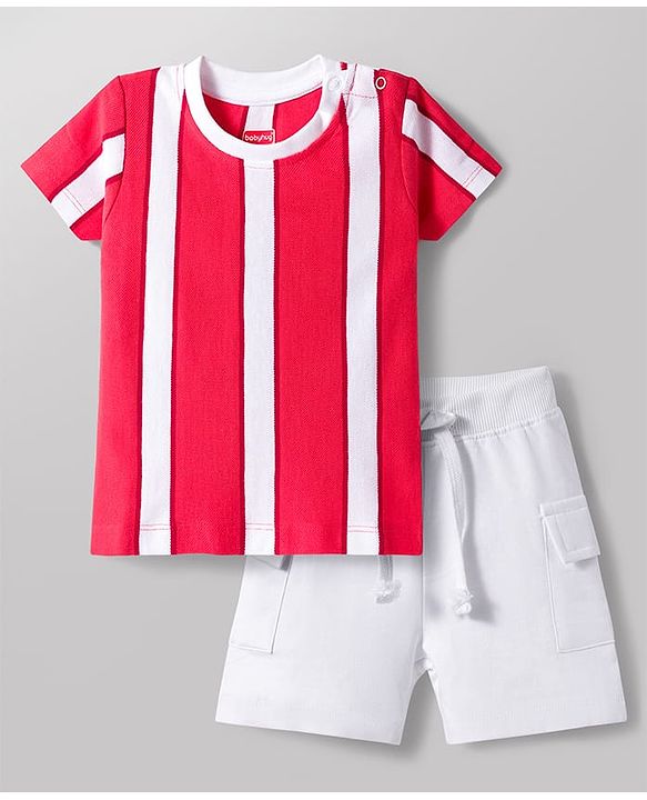 Babyhug Single Jersey Knit Half Sleeves Striped T-Shirt & Shorts Set - Red & White