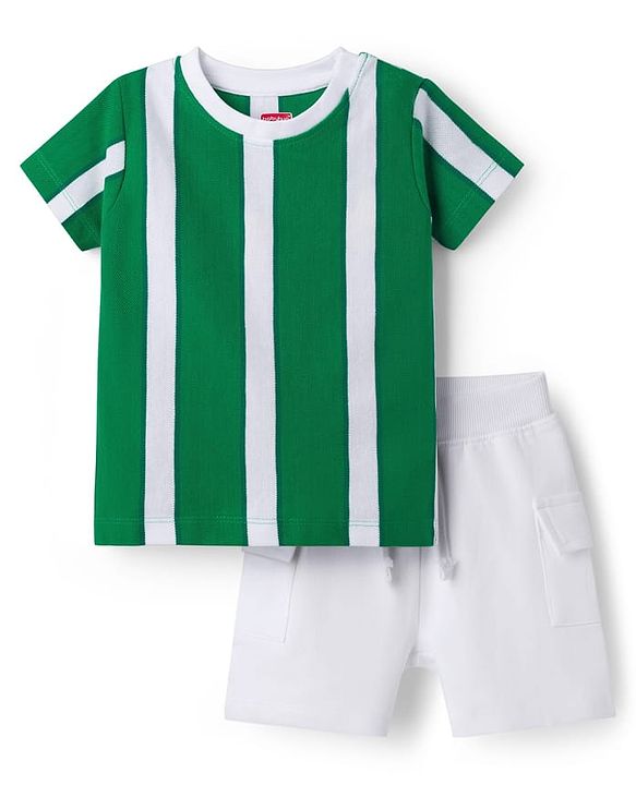 Babyhug 100% Cotton Knit Half Sleeves Striped T-Shirt & Shorts Set - Green
