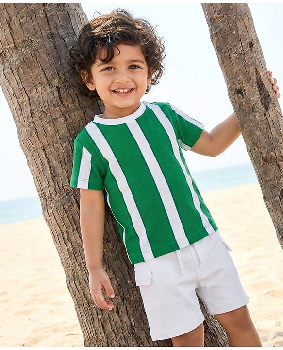 Babyhug 100% Cotton Knit Half Sleeves Striped T-Shirt & Shorts Set - Green