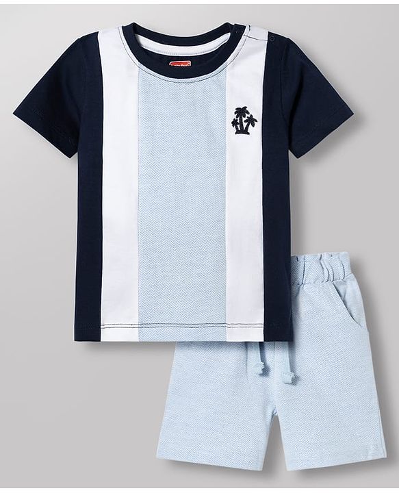 Babyhug Single Jersey Knit Half Sleeves Striped T-Shirt & Shorts Set - Light Blue