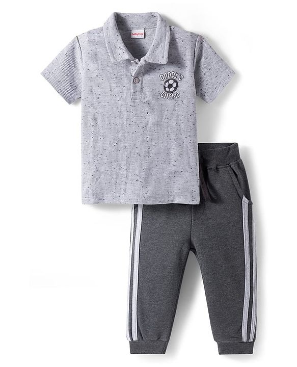 Babyhug Single Jersey Knit Half Sleeves Polo T-Shirt & Lounge Pant Set with Daddy's Champ Embroidery - Grey