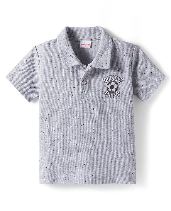 Babyhug Single Jersey Knit Half Sleeves Polo T-Shirt & Lounge Pant Set with Daddy's Champ Embroidery - Grey