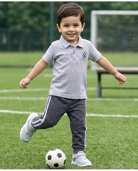 Babyhug Single Jersey Knit Half Sleeves Polo T-Shirt & Lounge Pant Set with Daddy's Champ Embroidery - Grey