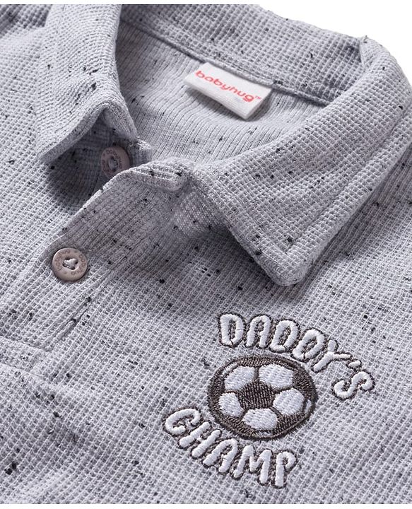Babyhug Single Jersey Knit Half Sleeves Polo T-Shirt & Lounge Pant Set with Daddy's Champ Embroidery - Grey