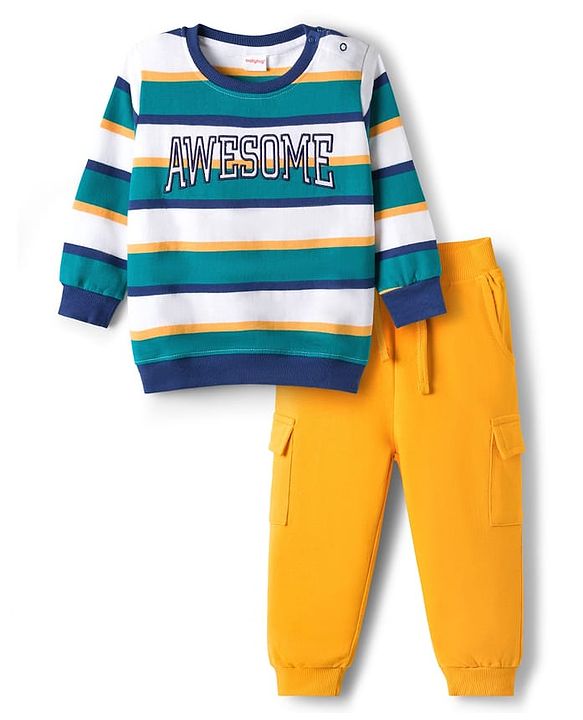 Babyhug Single Jersey Knit Full Sleeves Striped T-Shirt & Lounge Pant Set - Multicolor