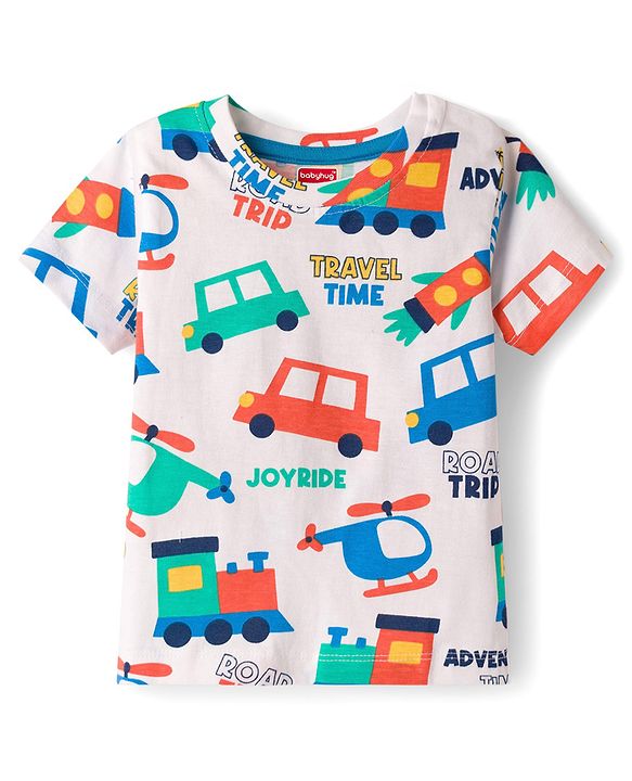 Babyhug 100% Cotton Knit Half Sleeves Vehicles Printed T-Shirt & Shorts Set - Multicolour
