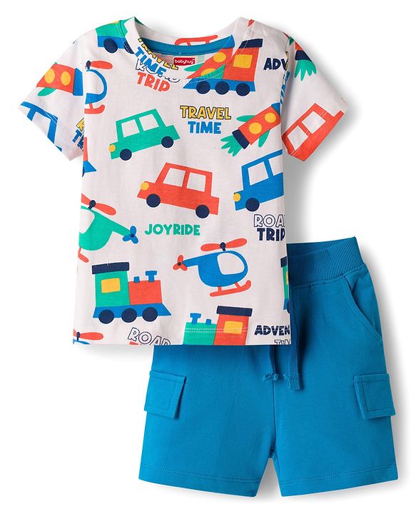 Babyhug 100% Cotton Knit Half Sleeves Vehicles Printed T-Shirt & Shorts Set - Multicolour