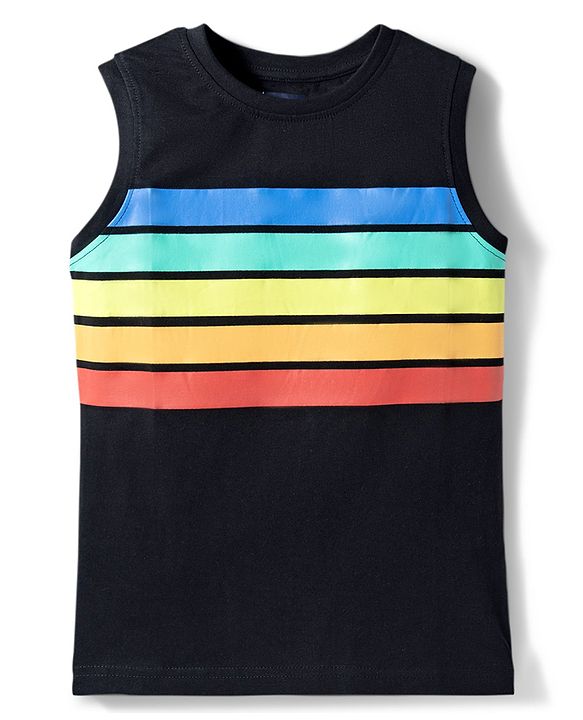 Pine Kids Cotton Knit T-Shirt Sleeveless Round Neck Striped Black 4-5 Years