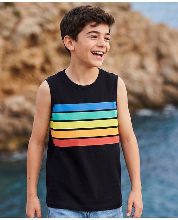 Pine Kids Cotton Knit T-Shirt Sleeveless Round Neck Striped Black 4-5 Years