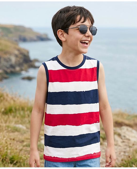 Pine Kids Cotton Knit T-Shirt Striped Round Neck Sleeveless Multi Color 4-5 Years
