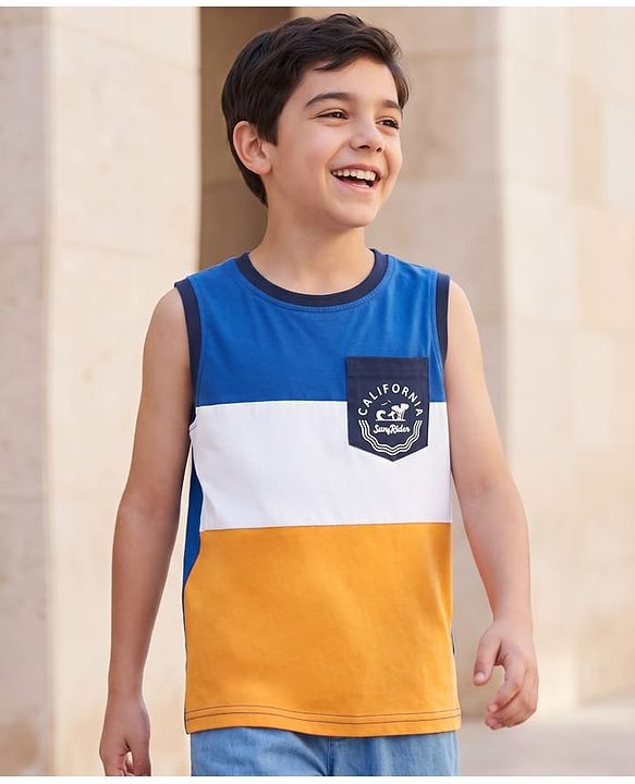 Pine Kids Cotton Knit Sleeveless Tank T-Shirt with Colour Block Design - Multicolour
