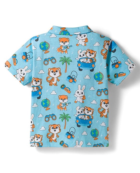 Babyhug Single Jersey Knit Half Sleeves Shirt & Shorts Set With Tiger Print & Bow Applique - Multicolor