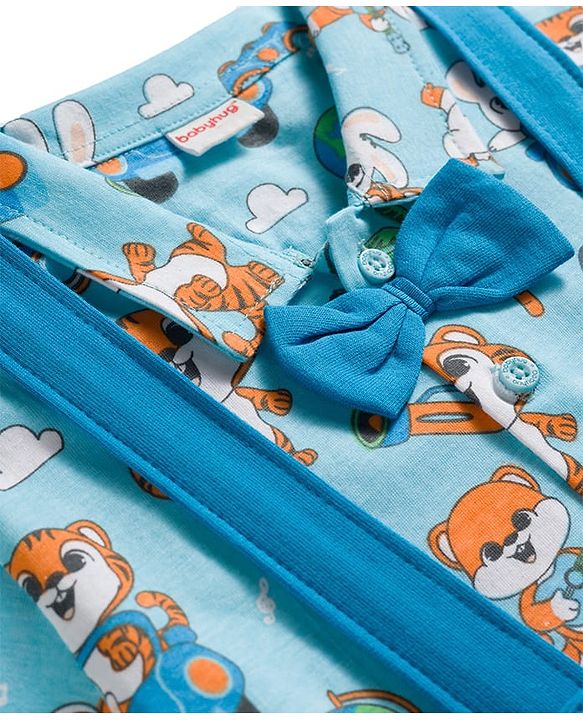 Babyhug Single Jersey Knit Half Sleeves Shirt & Shorts Set With Tiger Print & Bow Applique - Multicolor