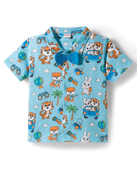 Babyhug Single Jersey Knit Half Sleeves Shirt & Shorts Set With Tiger Print & Bow Applique - Multicolor