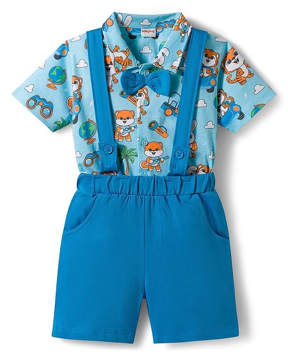Babyhug Single Jersey Knit Half Sleeves Shirt & Shorts Set With Tiger Print & Bow Applique - Multicolor