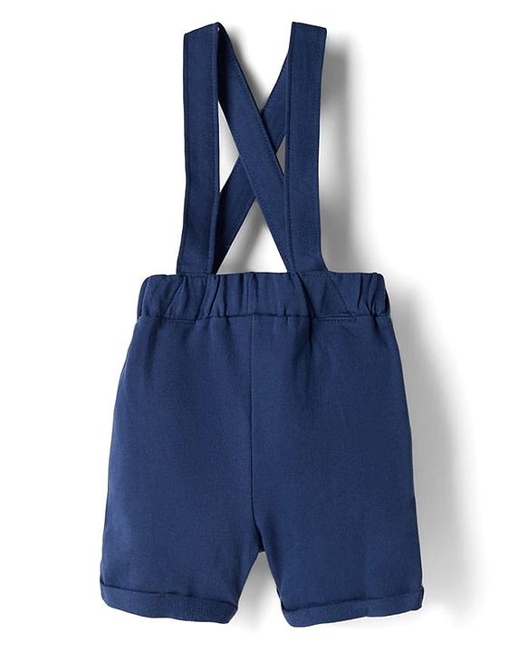 Babyhug 100% Cotton Knit Half Sleeves Vehicles Printed T-Shirt & Shorts Set With Suspender & Bow Applique - White & Navy Blue