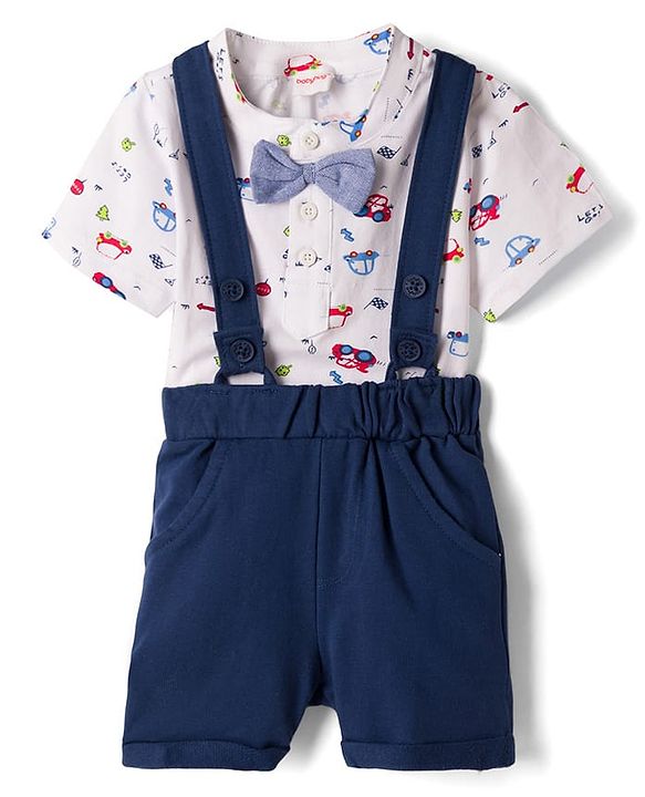 Babyhug 100% Cotton Knit Half Sleeves Vehicles Printed T-Shirt & Shorts Set With Suspender & Bow Applique - White & Navy Blue