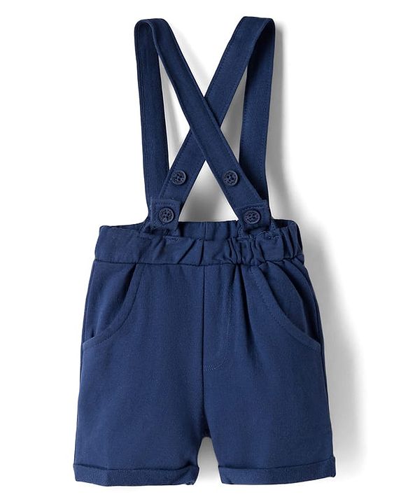 Babyhug 100% Cotton Knit Half Sleeves Vehicles Printed T-Shirt & Shorts Set With Suspender & Bow Applique - White & Navy Blue