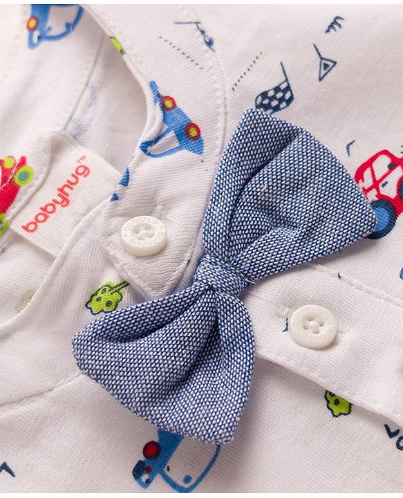 Babyhug 100% Cotton Knit Half Sleeves Vehicles Printed T-Shirt & Shorts Set With Suspender & Bow Applique - White & Navy Blue
