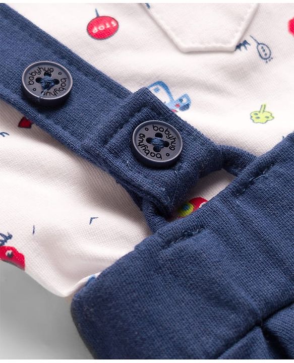 Babyhug 100% Cotton Knit Half Sleeves Vehicles Printed T-Shirt & Shorts Set With Suspender & Bow Applique - White & Navy Blue