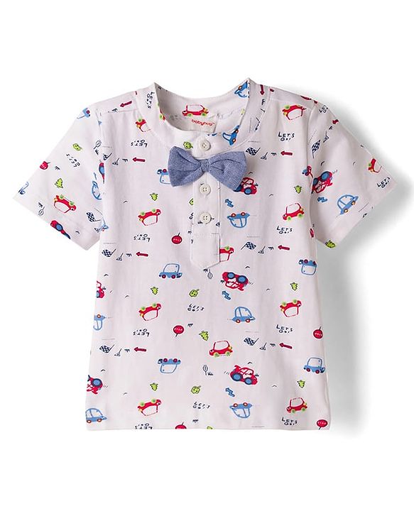 Babyhug 100% Cotton Knit Half Sleeves Vehicles Printed T-Shirt & Shorts Set With Suspender & Bow Applique - White & Navy Blue