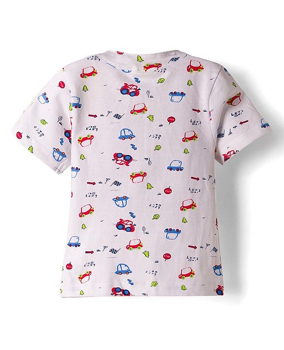 Babyhug 100% Cotton Knit Half Sleeves Vehicles Printed T-Shirt & Shorts Set With Suspender & Bow Applique - White & Navy Blue
