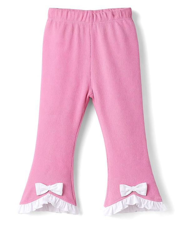 Babyhug Lycra Knit Full Length Solid Leggings With Bow Applique - Pink