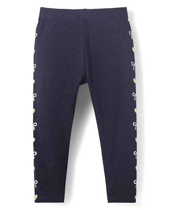 Babyhug Lycra Knit Full Length Leggings With Heart & Bow Print - Black