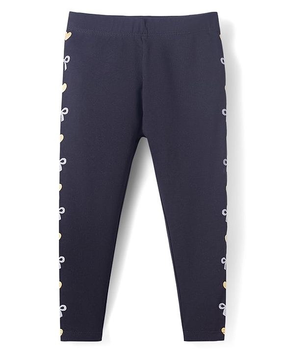 Babyhug Lycra Knit Full Length Leggings With Heart & Bow Print - Black