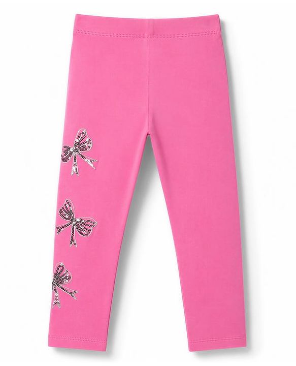 Babyhug Lycra Knit Full Length Bow Sequinned Leggings - Pink