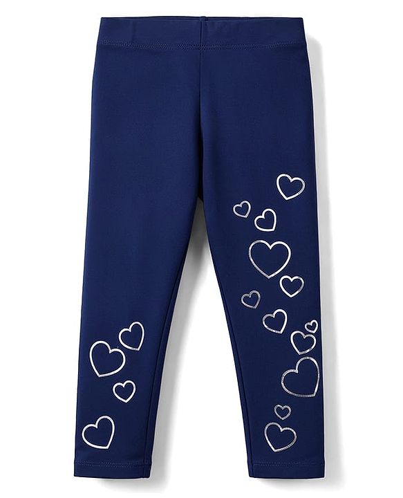 Babyhug Lycra Knit Full Length Hearts Foil Printed Leggings - Navy Blue