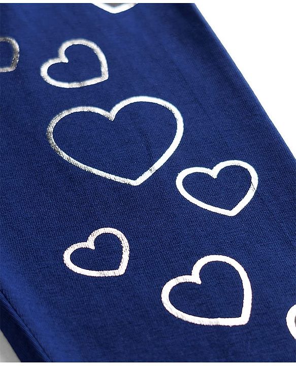 Babyhug Lycra Knit Full Length Hearts Foil Printed Leggings - Navy Blue