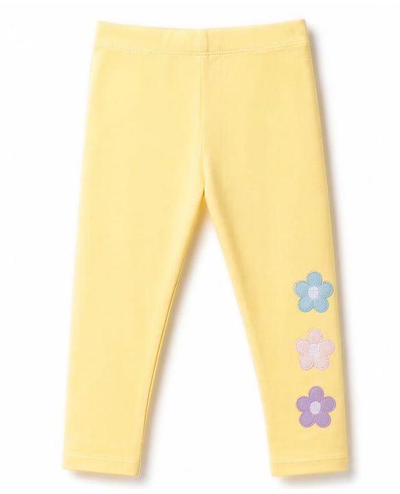 Babyhug Lycra Knit Full Length Leggings With Floral Patch - Yellow