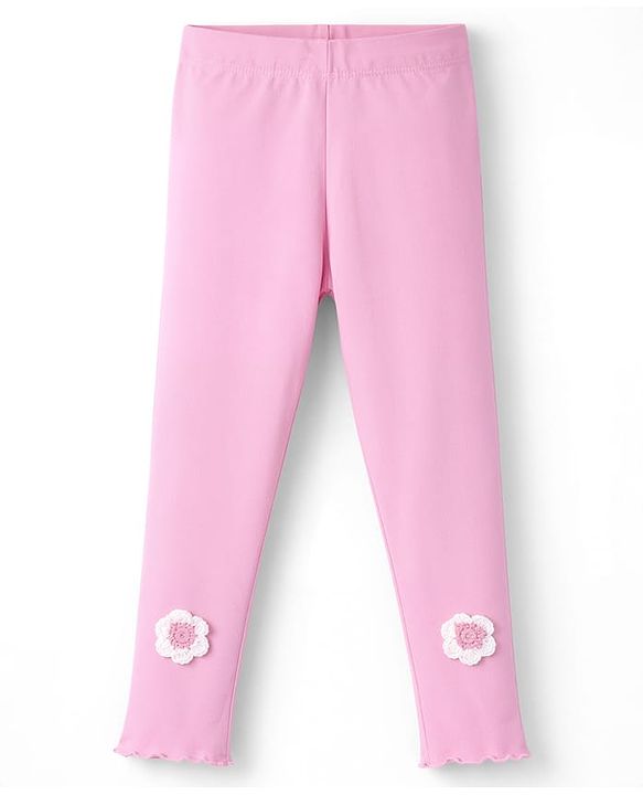 Babyhug Lycra Knit Full Length Leggings With Floral Crochet - Pink