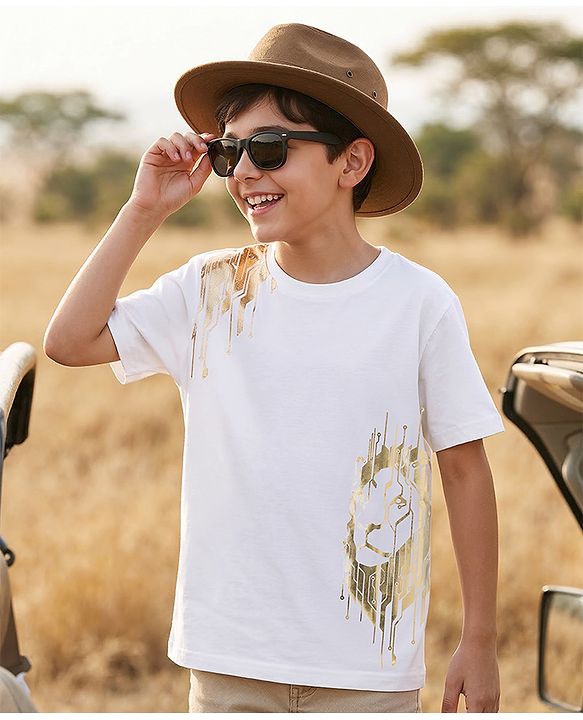 Pine Kids 100% Cotton Knit Half Sleeves Foil Printed T-Shirt - White