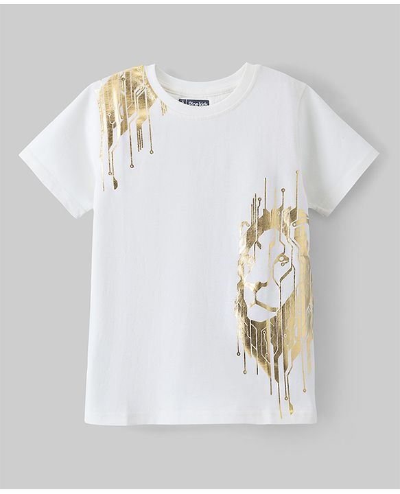 Pine Kids 100% Cotton Knit Half Sleeves Foil Printed T-Shirt - White