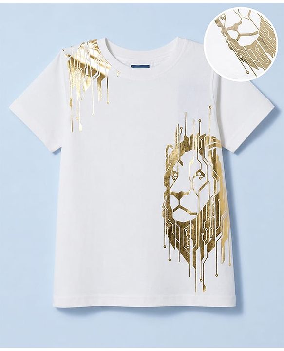 Pine Kids Cotton Knit T-Shirt with Lion Graphic Print Bright White 4-5 Years