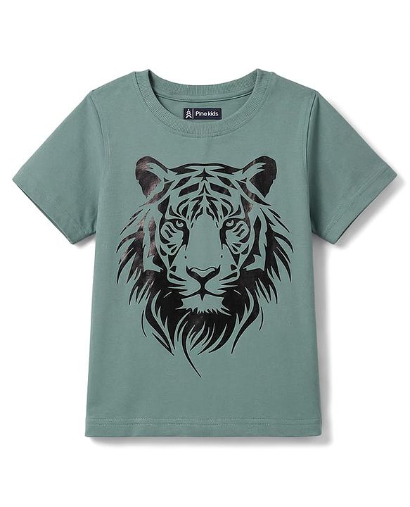 Pine Kids Cotton Knit T-Shirts Tiger Graphic Print Round Neck Half Sleeves Green 4-5 Years