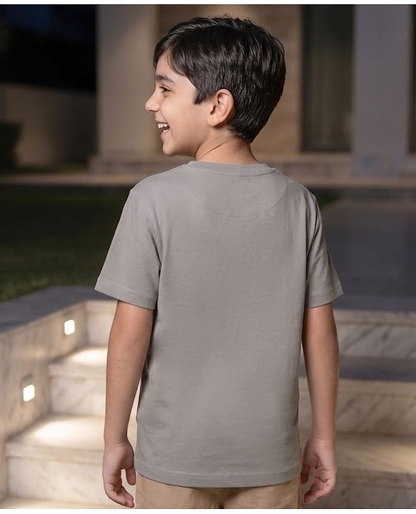 Pine Kids Cotton Knit Half Sleeves Tiger Foil Graphic T-Shirt -Grey