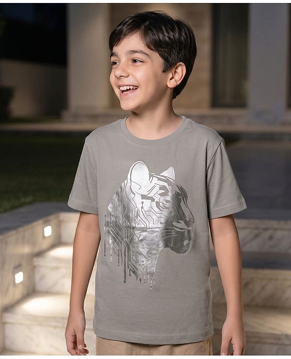 Pine Kids Cotton Knit Half Sleeves Tiger Foil Graphic T-Shirt -Grey