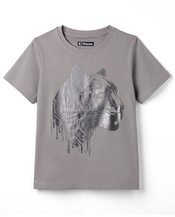 Pine Kids Cotton Knit Half Sleeves Tiger Foil Graphic T-Shirt -Grey